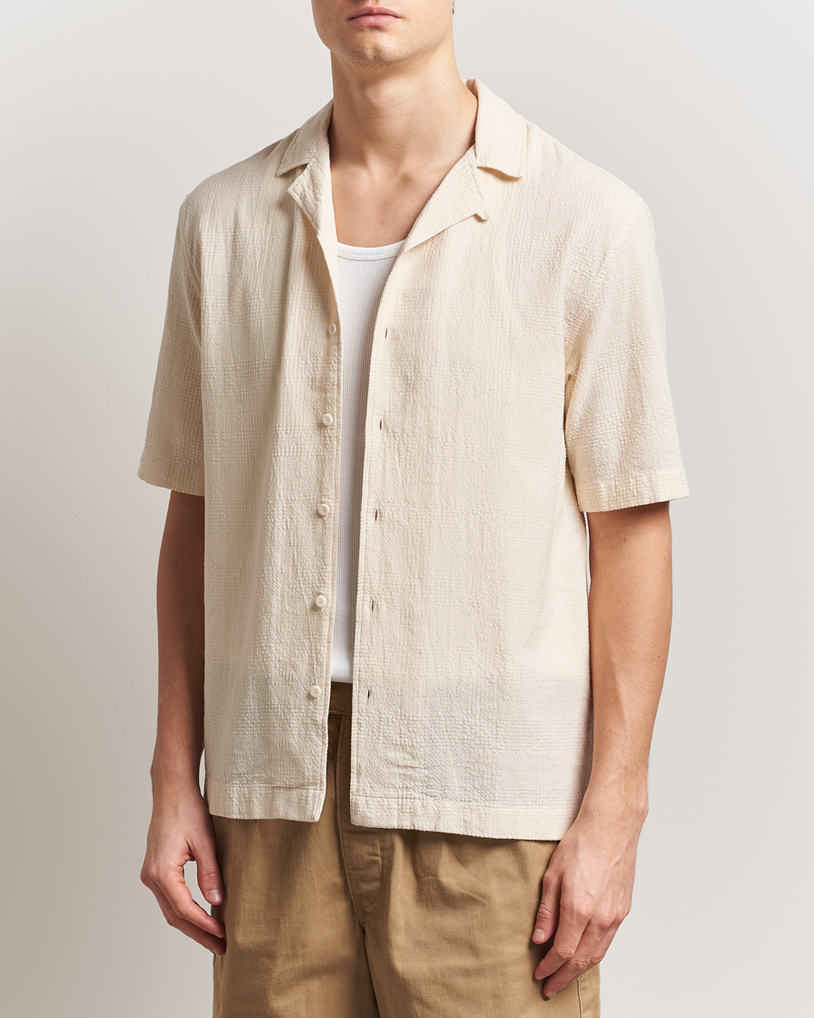 Hombres | Camisas | Sunspel | Loose Weave Check Cotton Camp Shirt Ecru