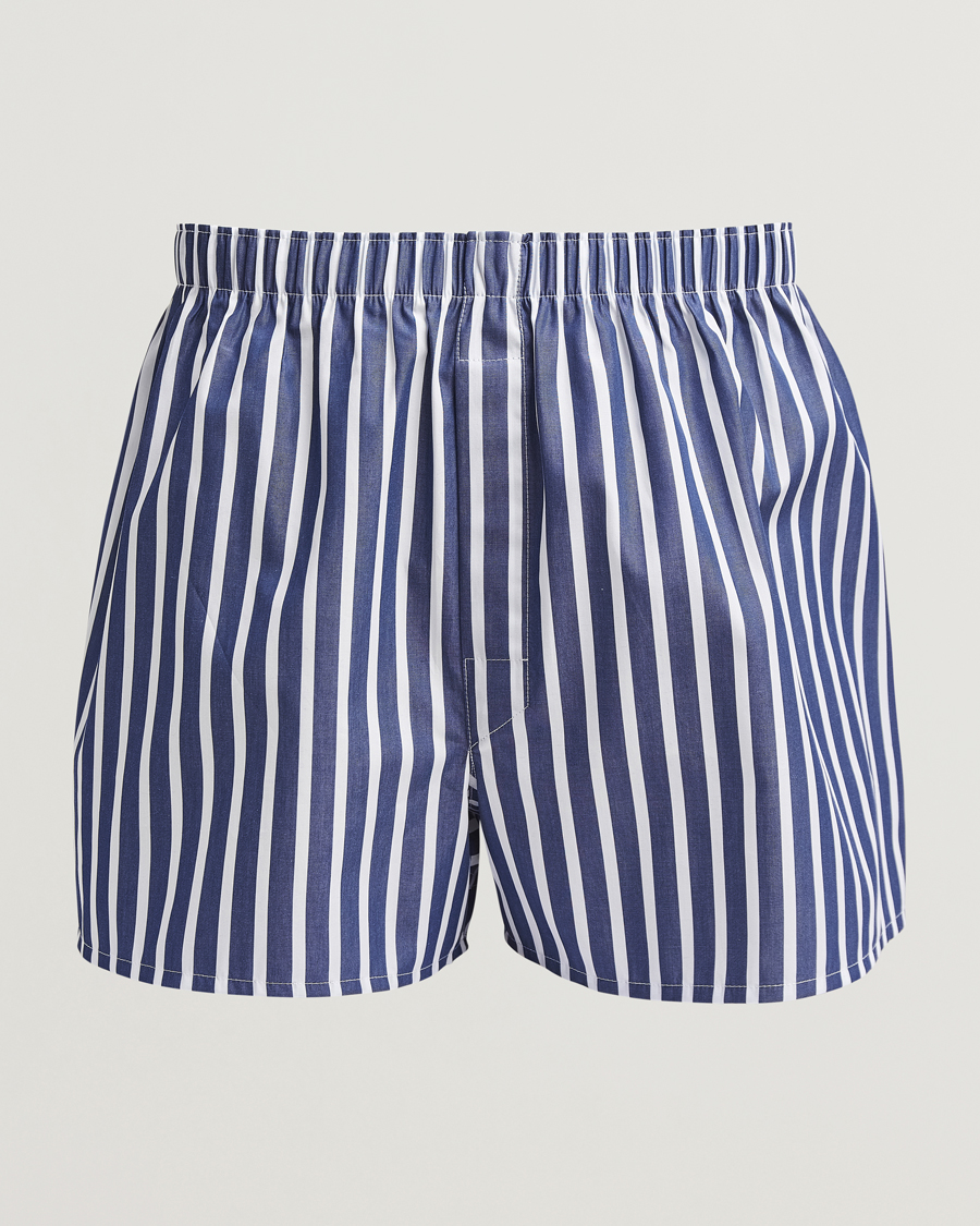 Hombres | Ropa interior y calcetines | Sunspel | Classic Woven Cotton Boxer Shorts Navy/White Stripe