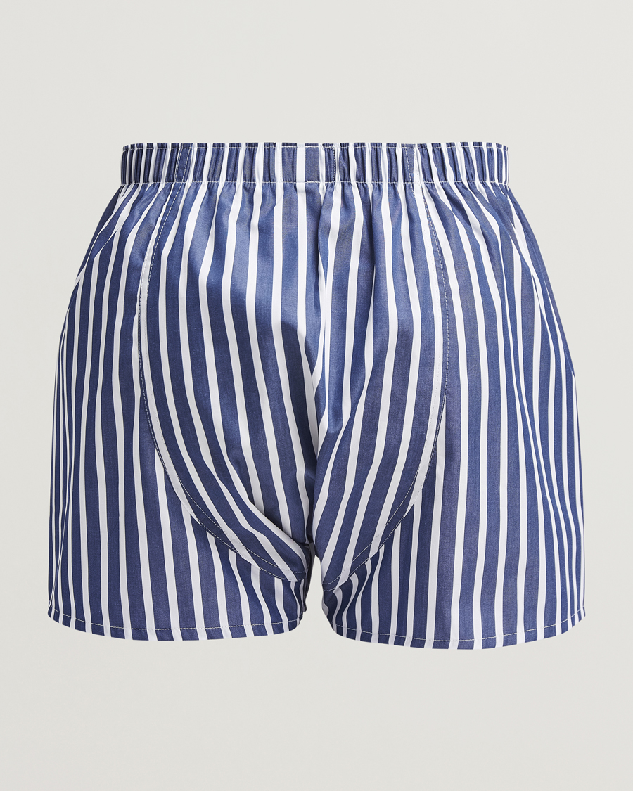 Hombres | Ropa interior y calcetines | Sunspel | Classic Woven Cotton Boxer Shorts Navy/White Stripe