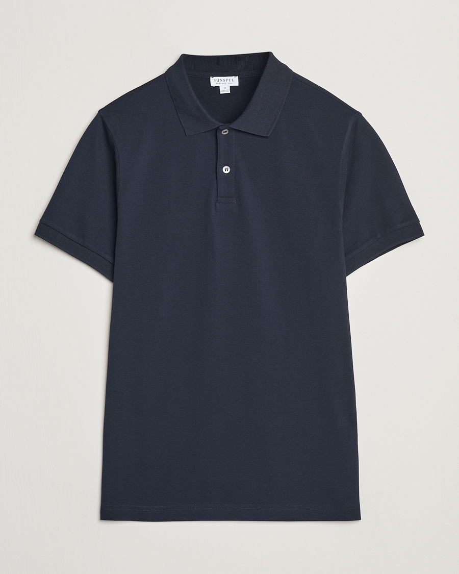 Hombres | Polos | Sunspel | Supima Cotton Short Sleeve Pique Polo Midnight Navy