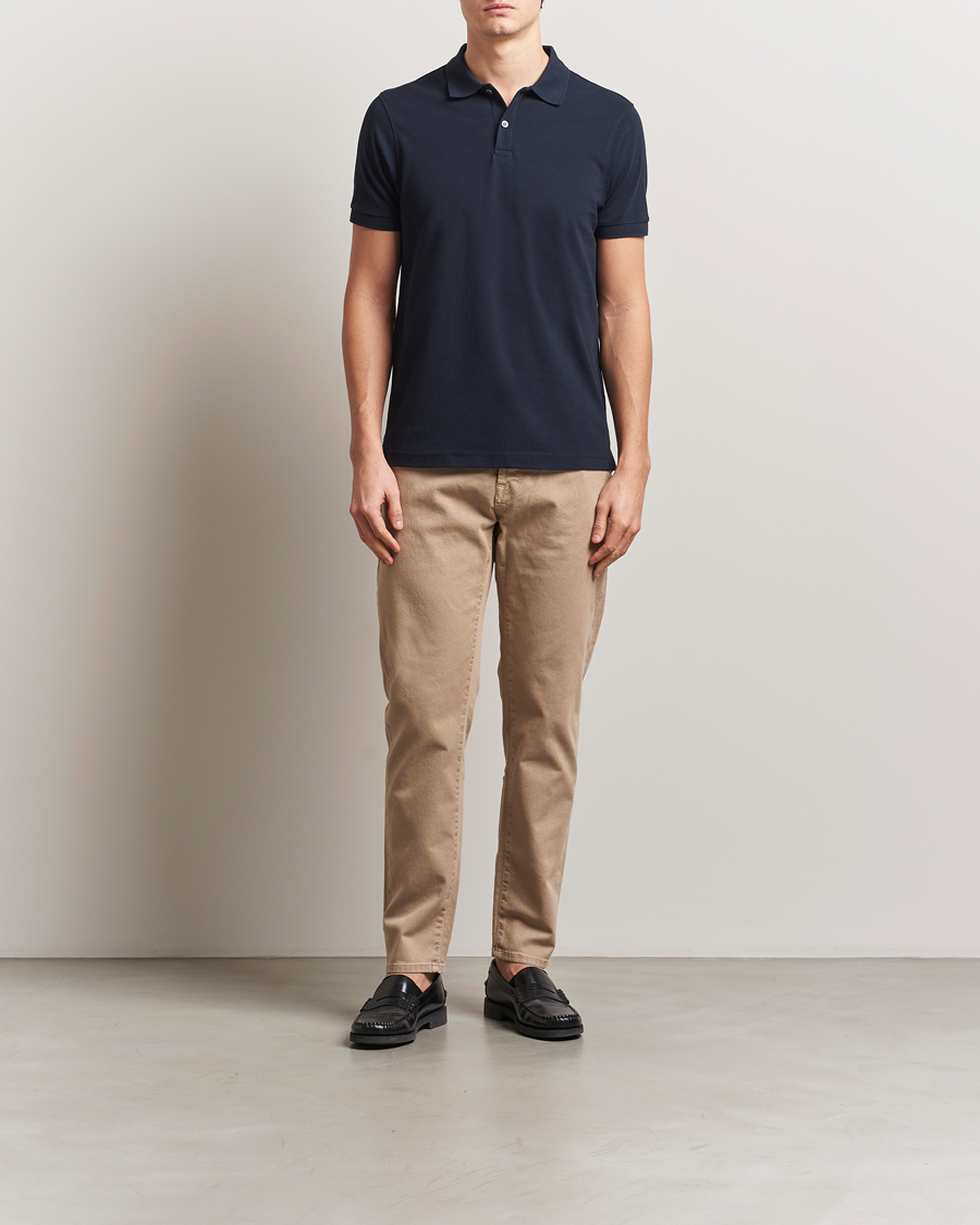 Hombres | Polos | Sunspel | Supima Cotton Short Sleeve Pique Polo Midnight Navy
