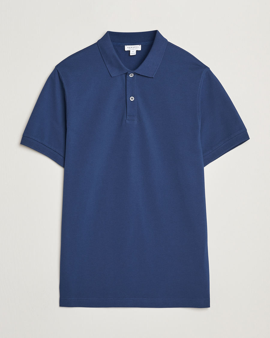 Hombres | Polos | Sunspel | Supima Cotton Short Sleeve Pique Polo Ink Blue