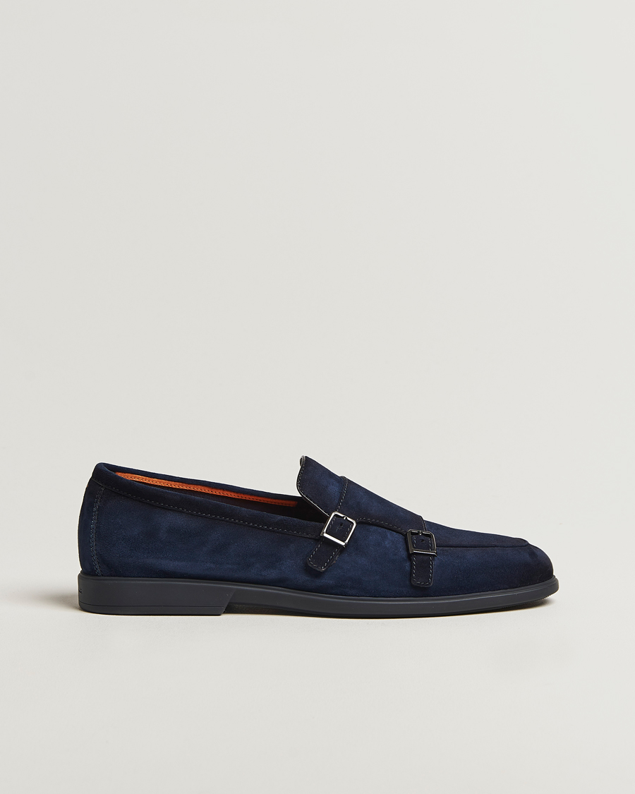 Hombres | Santoni Malibu Double Buckle Loafers Navy Suede | Santoni | Malibu Double Buckle Loafers Navy Suede