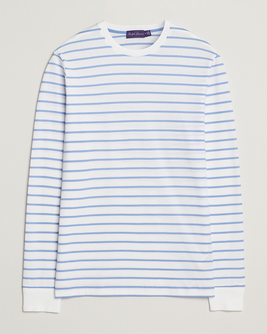 Hombres | Camisetas | Ralph Lauren Purple Label | Long Sleeve Striped T-Shirt White/Cornflower