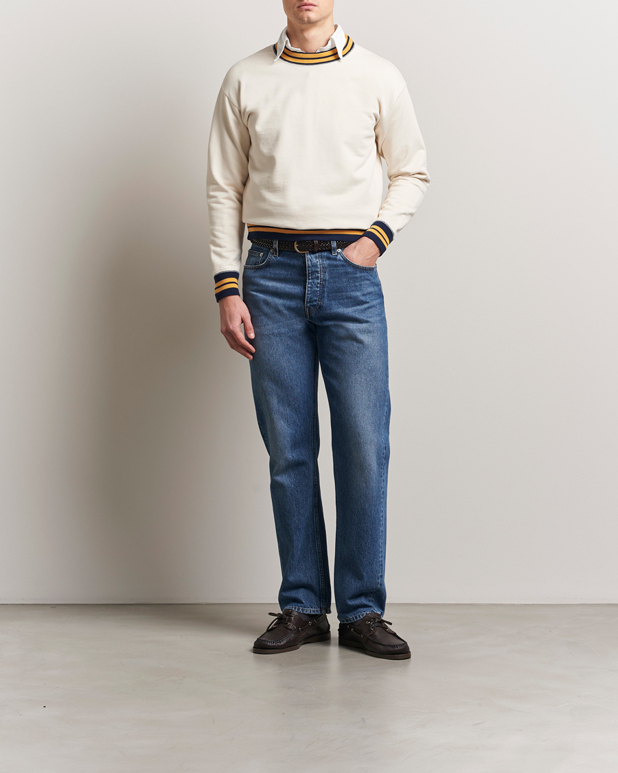 Hombres | Jerséis y prendas de punto | Drake's | Striped Rib Long Sleeve Sweatshirt Ecru/Navy