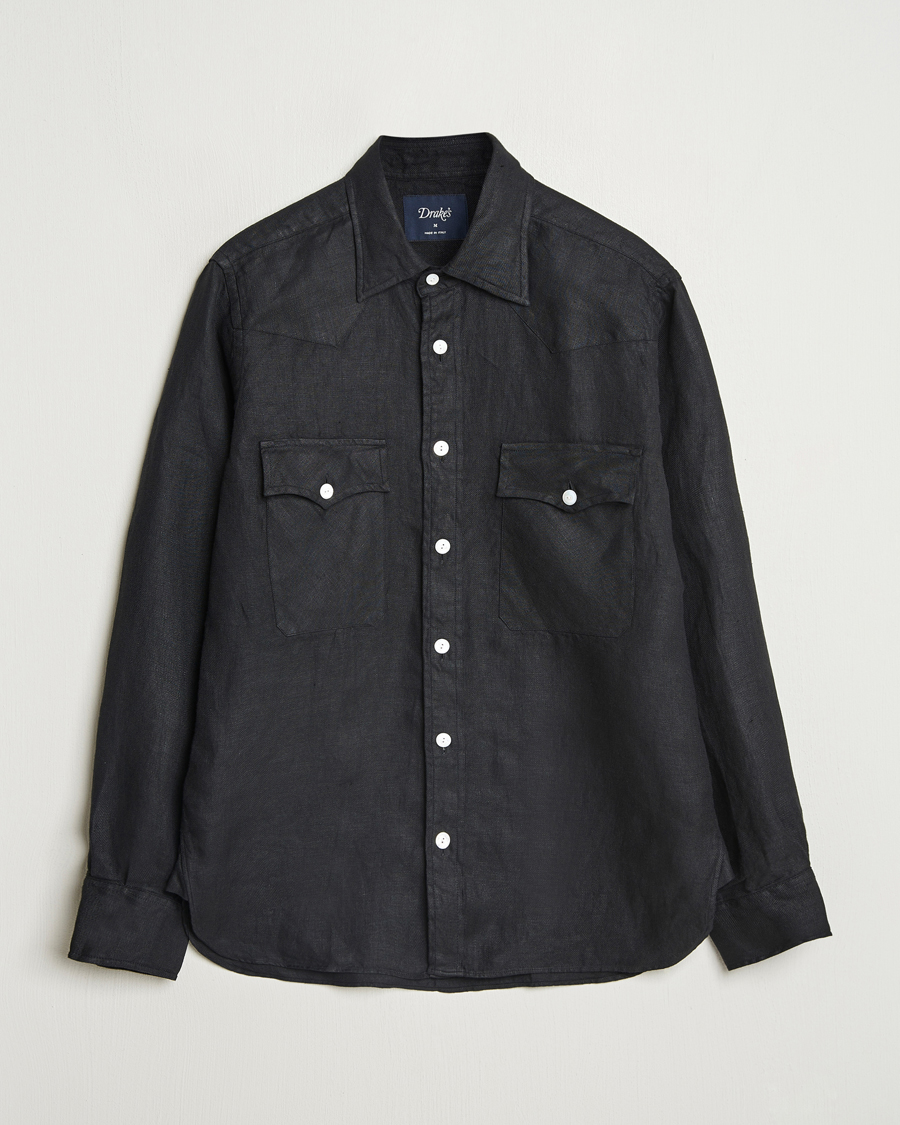 Hombres | Camisas | Drake's | Linen Twill Western Shirt Black