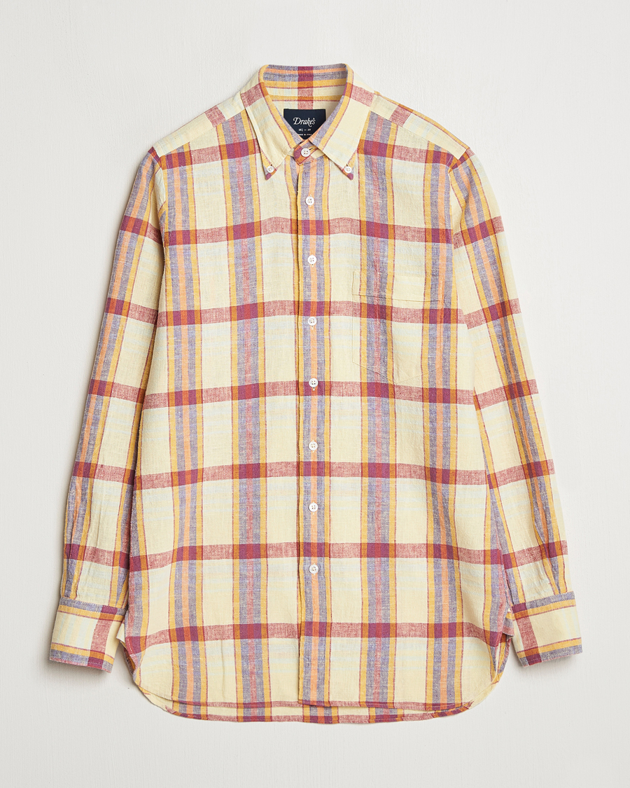 Hombres | Camisas | Drake's | Madras Cotton/Linen Button Down Shirt Yellow/Red/Navy