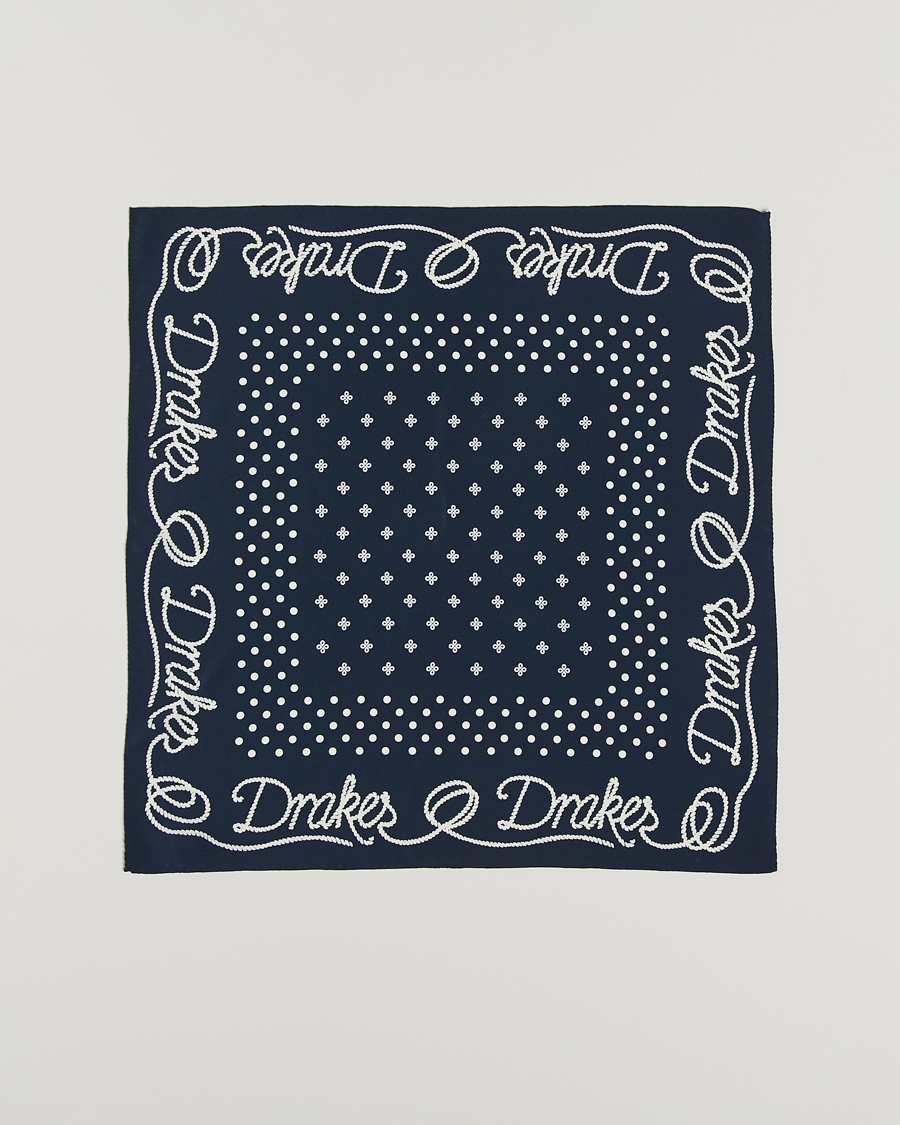 Hombres | Drake's Robe Border Silk Bandana Navy | Drake's | Robe Border Silk Bandana Navy