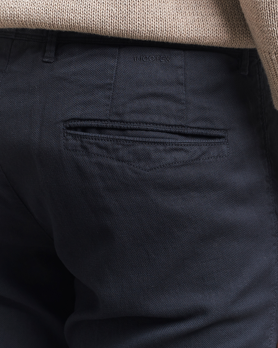 Hombres | Pantalones | Incotex | Slim Fit Basket Weave Cotton Slacks Navy