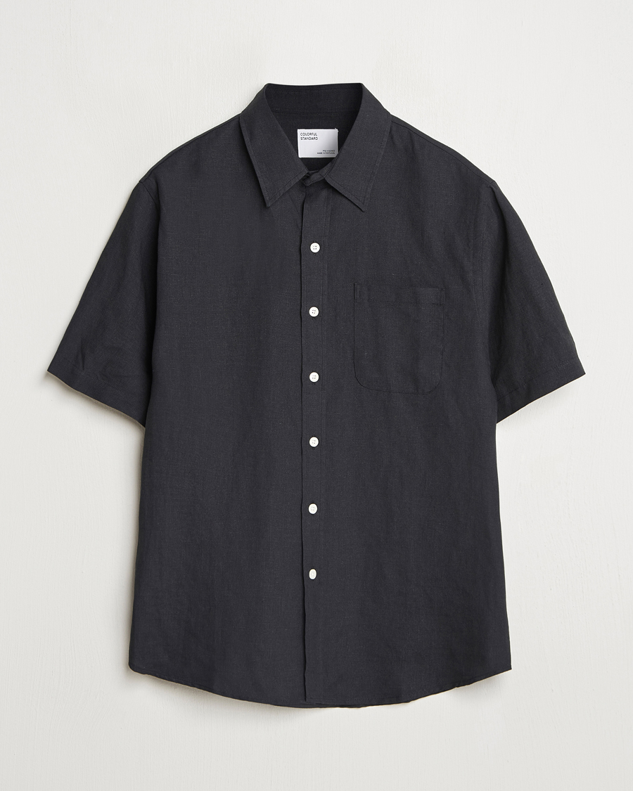 Hombres | Camisas | Colorful Standard | Garment Dyed Linen Short Sleeve Shirt Deep Black