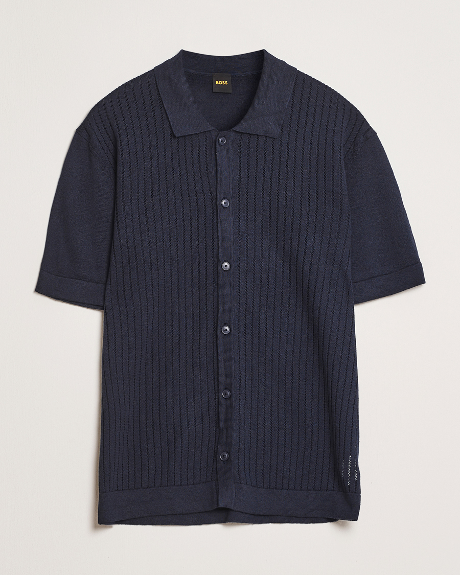 Hombres | Camisas | BOSS ORANGE | Kamicino Knitted Short Sleeve Shirt Dark Blue
