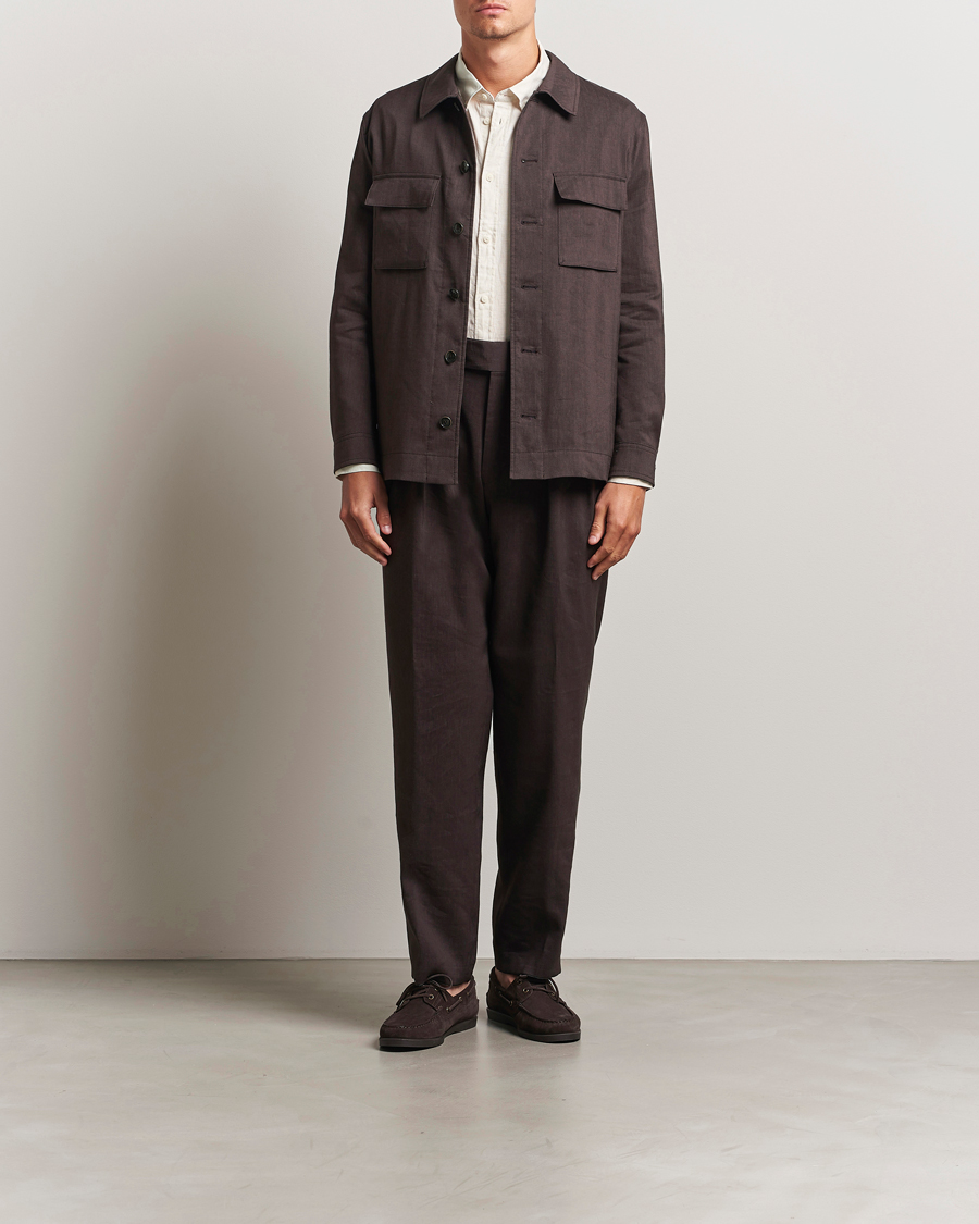 Hombres | Pantalones | BOSS CAMEL | Port Linen Double Pleated Trousers Dark Brown