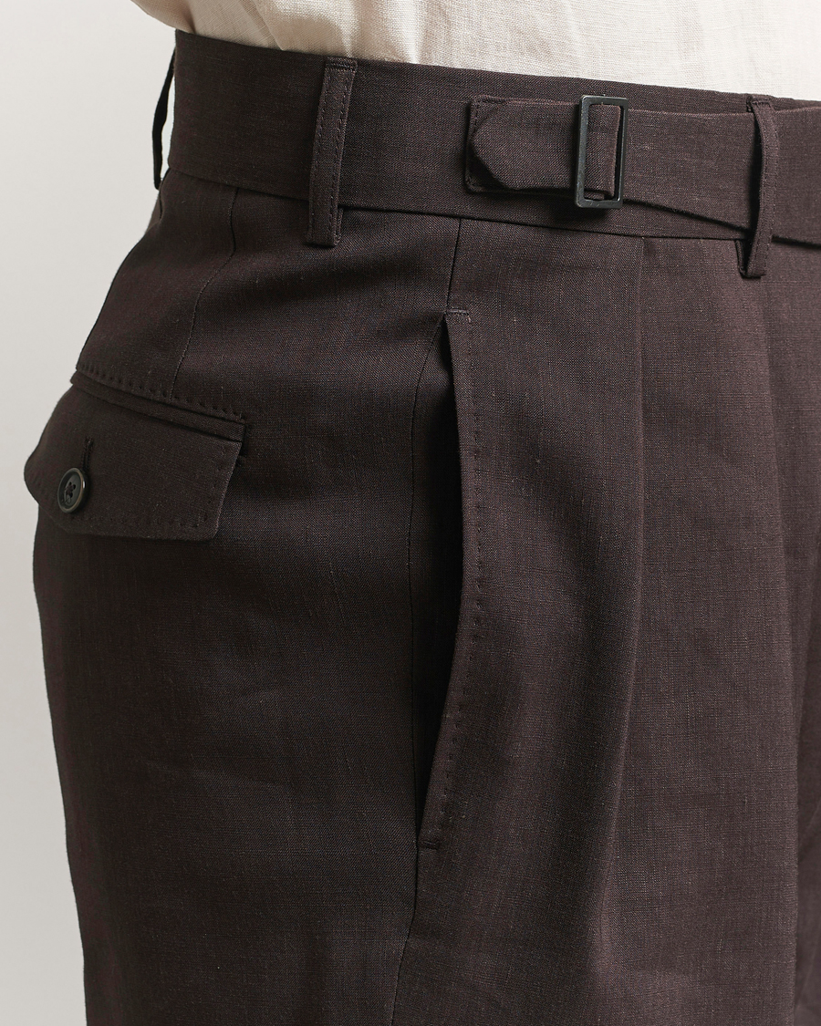 Hombres | Pantalones | BOSS CAMEL | Port Linen Double Pleated Trousers Dark Brown