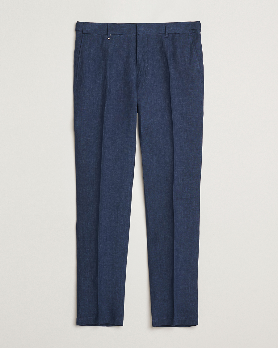 Hombres | Pantalones | BOSS BLACK | Genius Pleated Linen Trousers Dark Blue