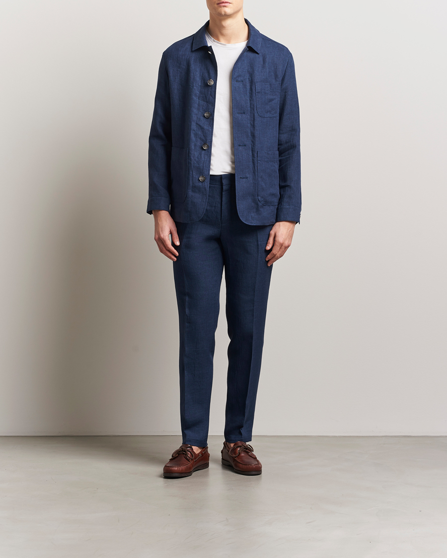 Hombres | Pantalones | BOSS BLACK | Genius Pleated Linen Trousers Dark Blue