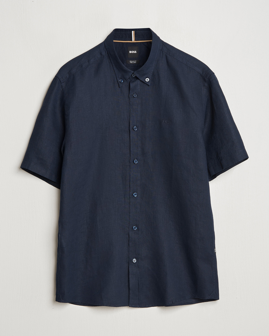 Hombres | Camisas | BOSS BLACK | Liam Linen Short Sleeve Shirt Dark Blue