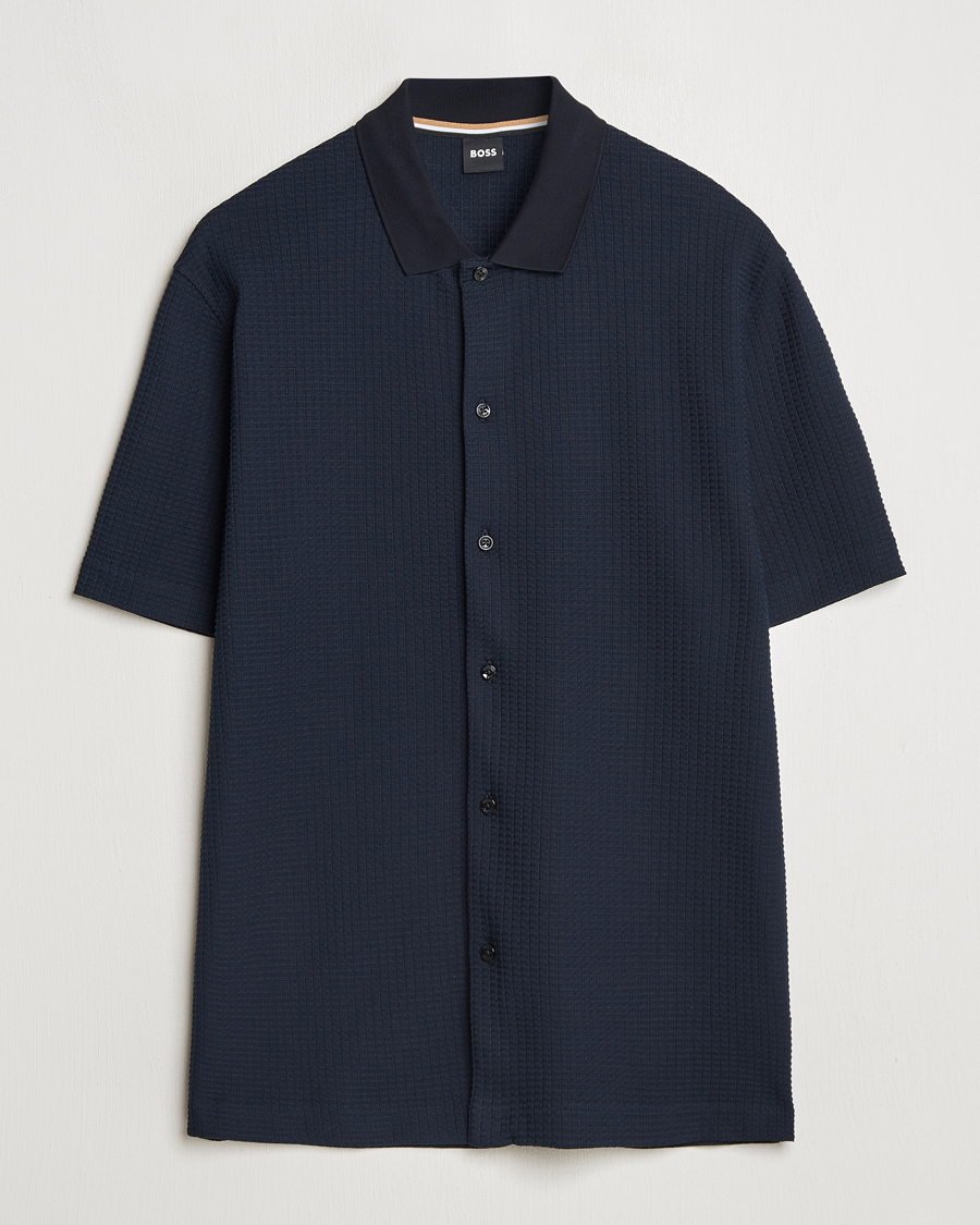 Hombres | Camisas | BOSS BLACK | Palladio Knitted Short Sleeve Shirt Dark Blue