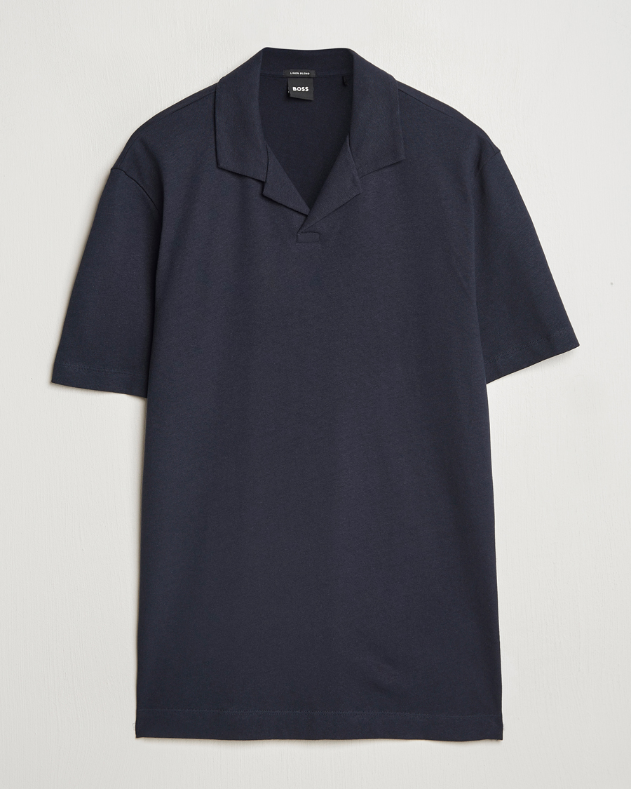 Hombres | Polos | BOSS BLACK | Ponti Cotton/Linen Open Collar Polo Dark Blue
