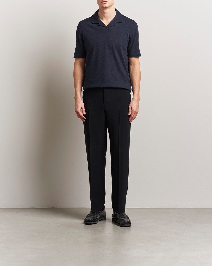 Hombres | Polos | BOSS BLACK | Ponti Cotton/Linen Open Collar Polo Dark Blue