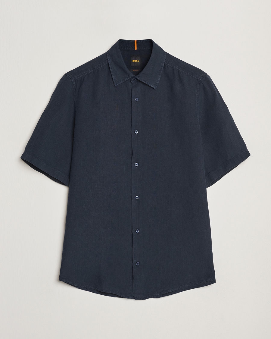 Hombres | Camisas | BOSS ORANGE | Rash Linen Short Sleeve Shirt Dark Blue