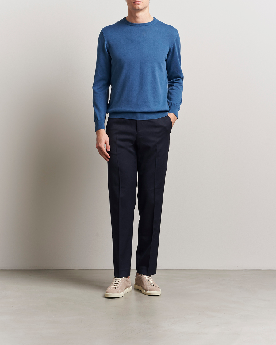 Hombres | Jerséis y prendas de punto | Morgano | Supersoft Egyptian Cotton Crew Neck Mid Blue