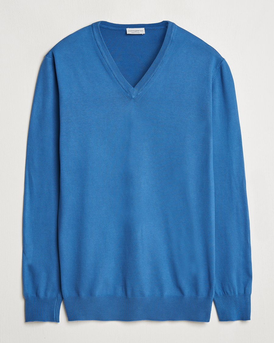 Hombres | Jerséis y prendas de punto | Morgano | Supersoft Egyptian Cotton V-Neck Mid Blue