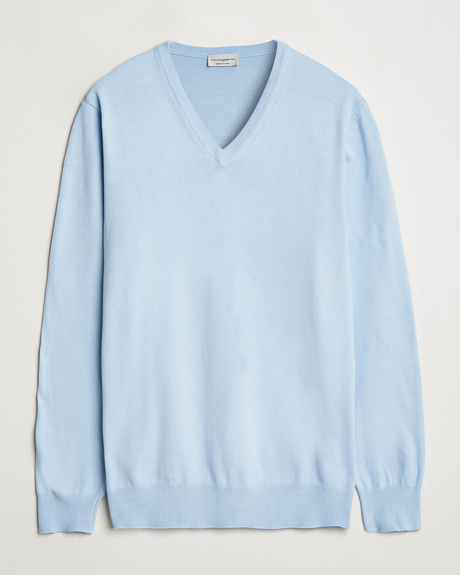 Hombres | Jerséis y prendas de punto | Morgano | Supersoft Egyptian Cotton V-Neck Light Blue