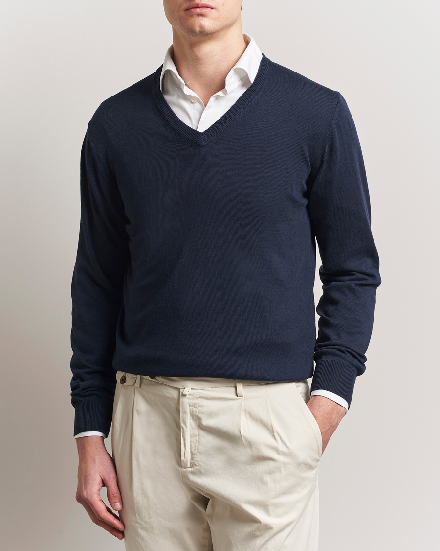 Hombres | Jerséis y prendas de punto | Morgano | Supersoft Egyptian Cotton V-Neck Navy