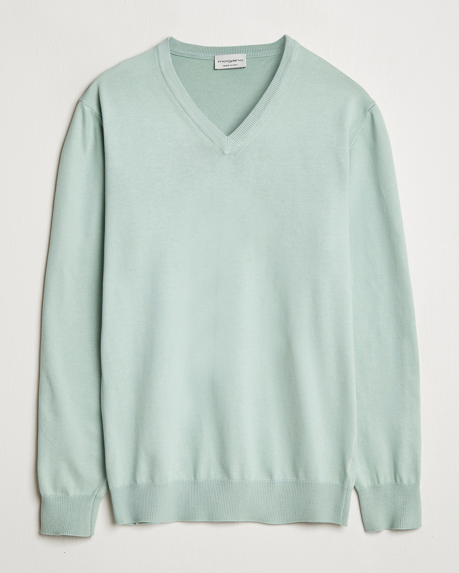 Hombres | Jerséis y prendas de punto | Morgano | Supersoft Egyptian Cotton V-Neck Light Green