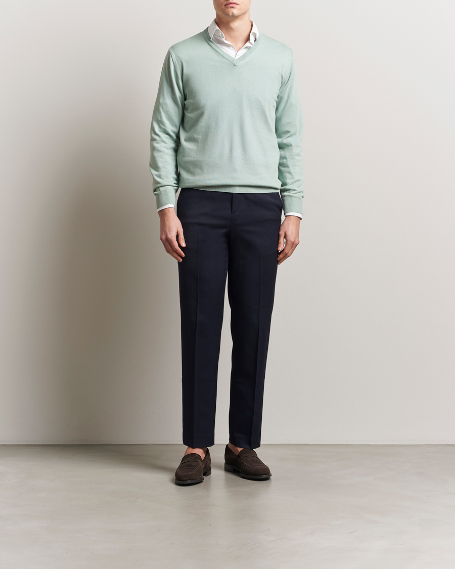 Hombres | Jerséis y prendas de punto | Morgano | Supersoft Egyptian Cotton V-Neck Light Green