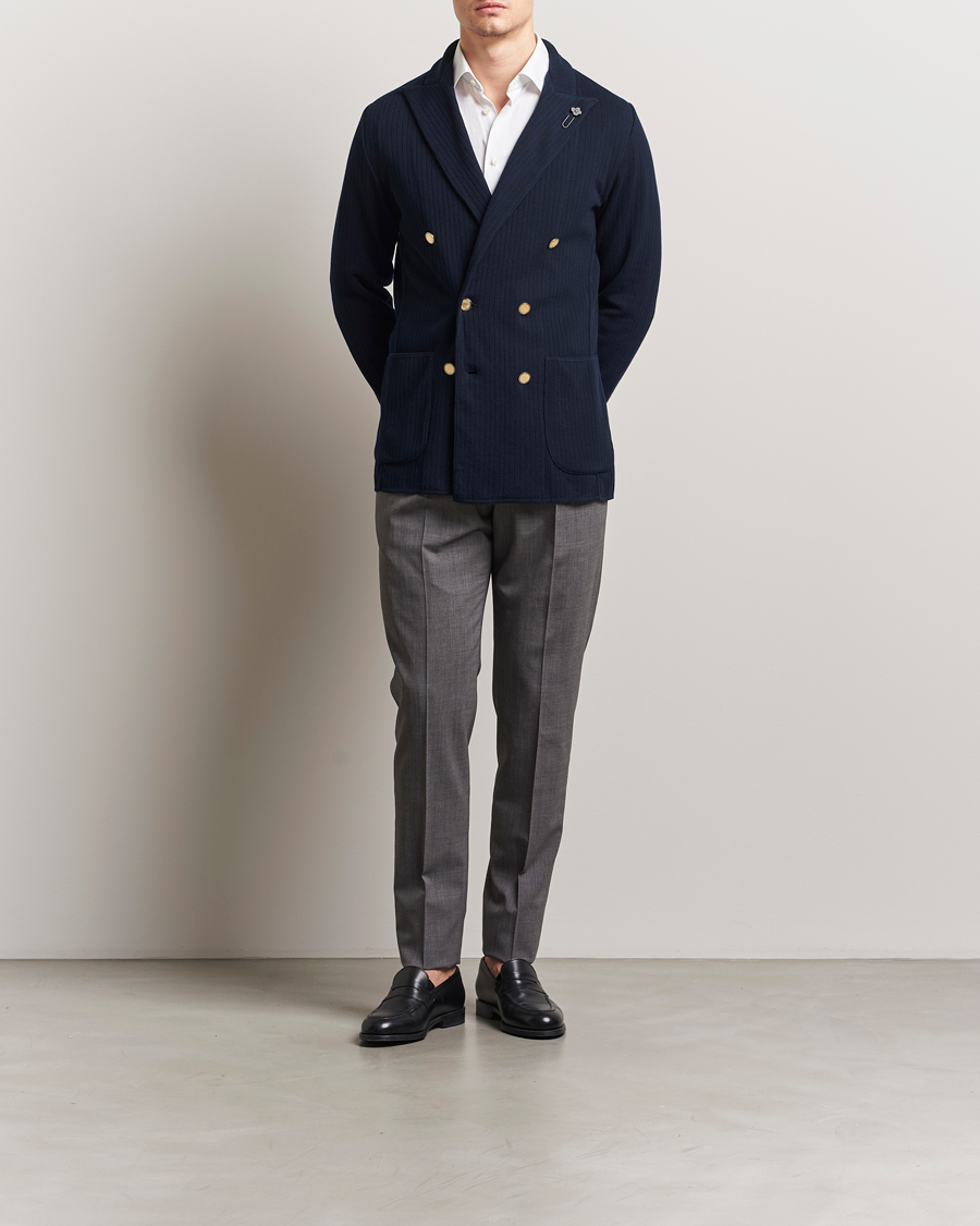 Hombres | Blazers | Lardini | Double Breasted Knitted Cotton Blazer Navy