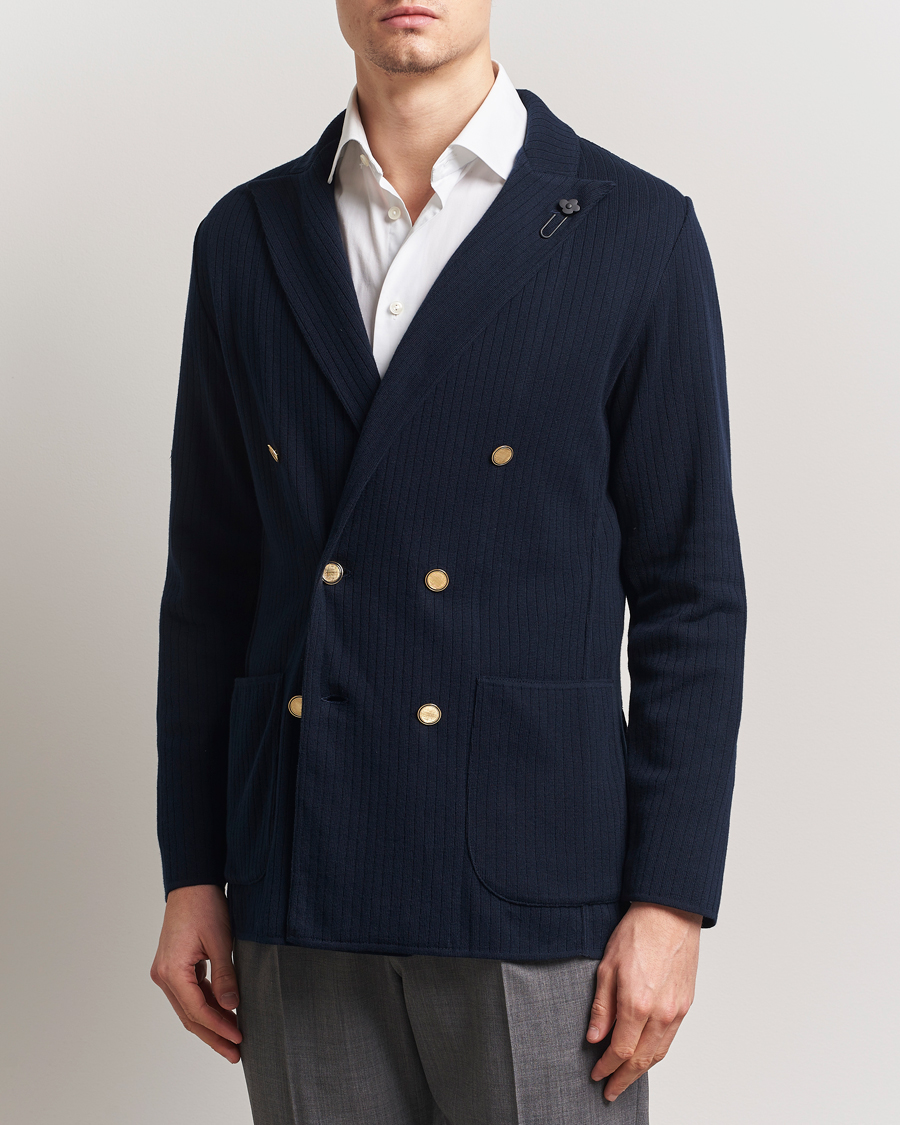Hombres | Blazers | Lardini | Double Breasted Knitted Cotton Blazer Navy