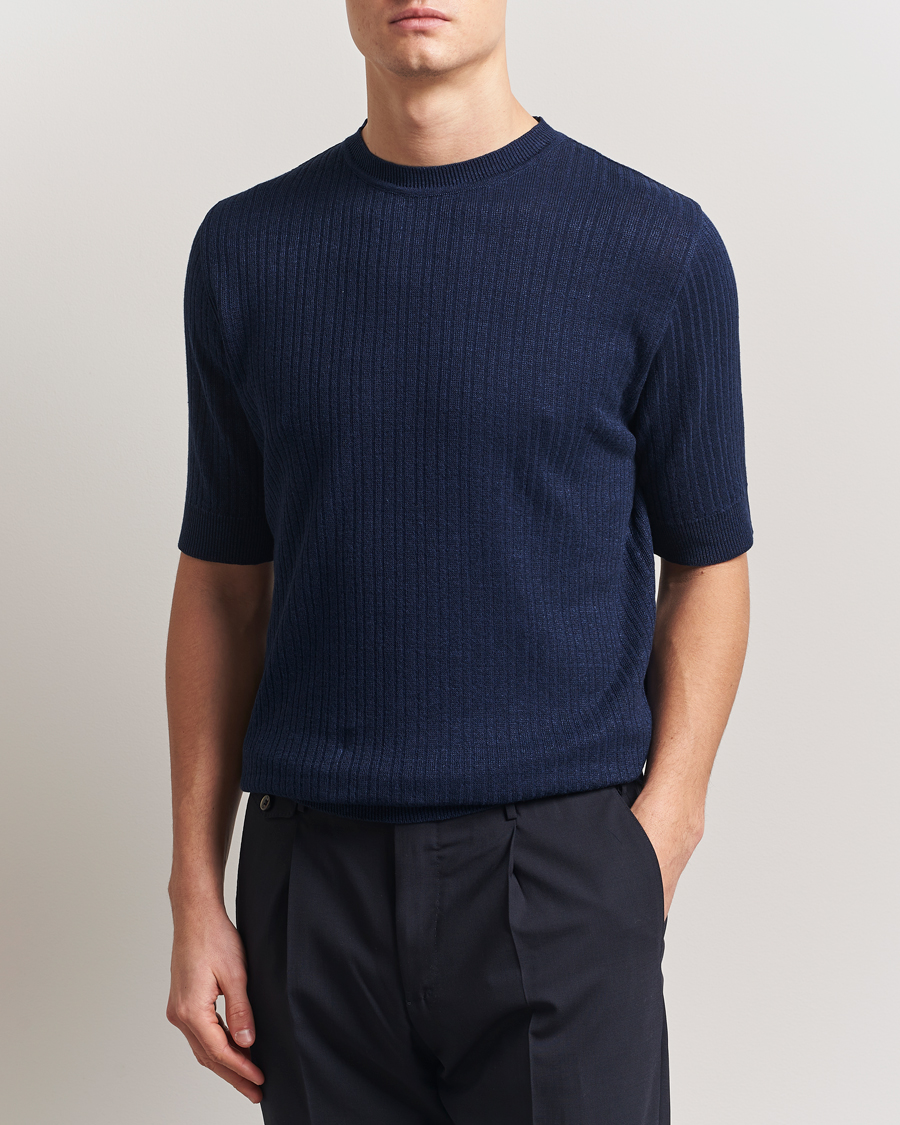 Hombres | Camisetas | Lardini | Knitted Linen/Cotton T-Shirt Navy