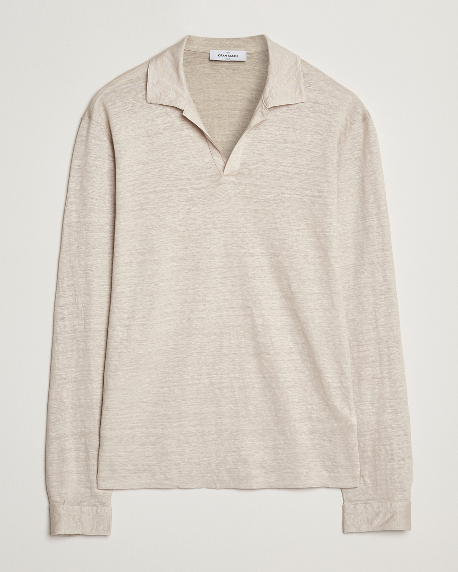 Hombres | Polos | Gran Sasso | Washed Linen Long Sleeve Polo Beige Melange
