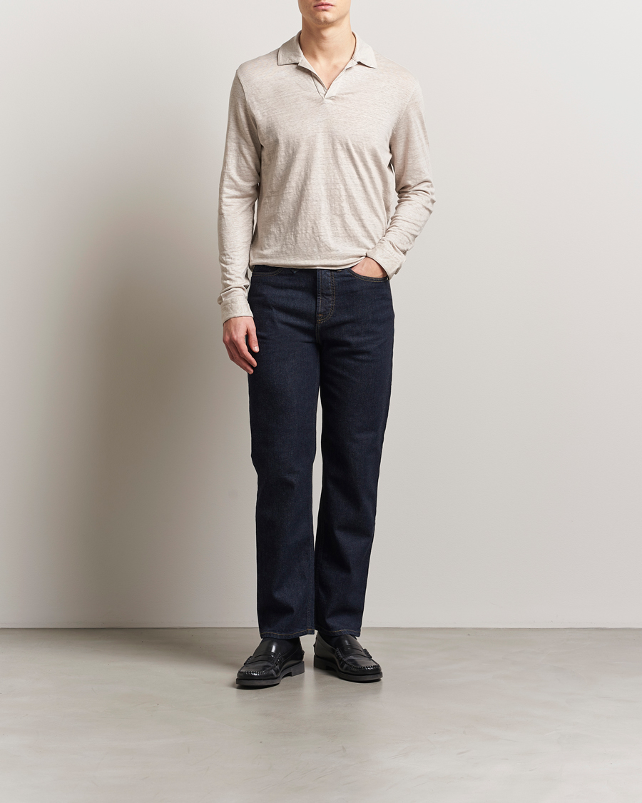 Hombres | Polos | Gran Sasso | Washed Linen Long Sleeve Polo Beige Melange