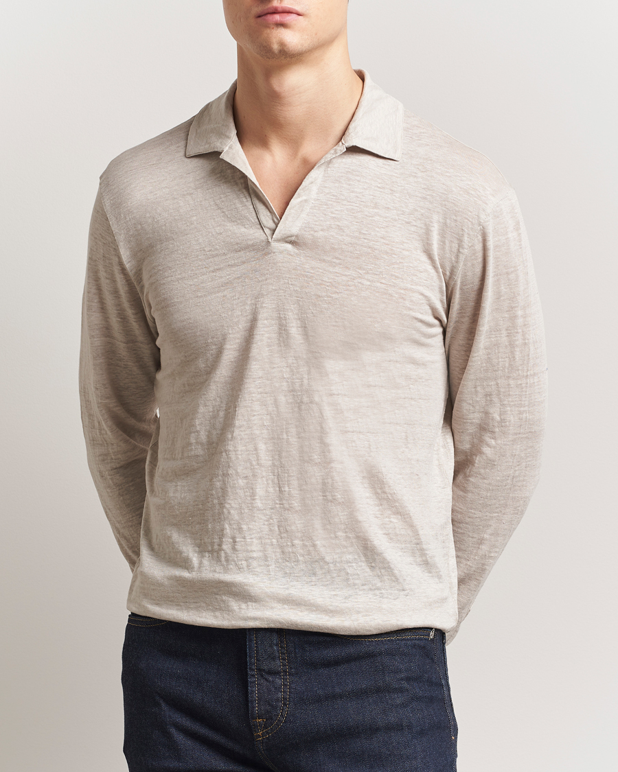 Hombres | Polos | Gran Sasso | Washed Linen Long Sleeve Polo Beige Melange