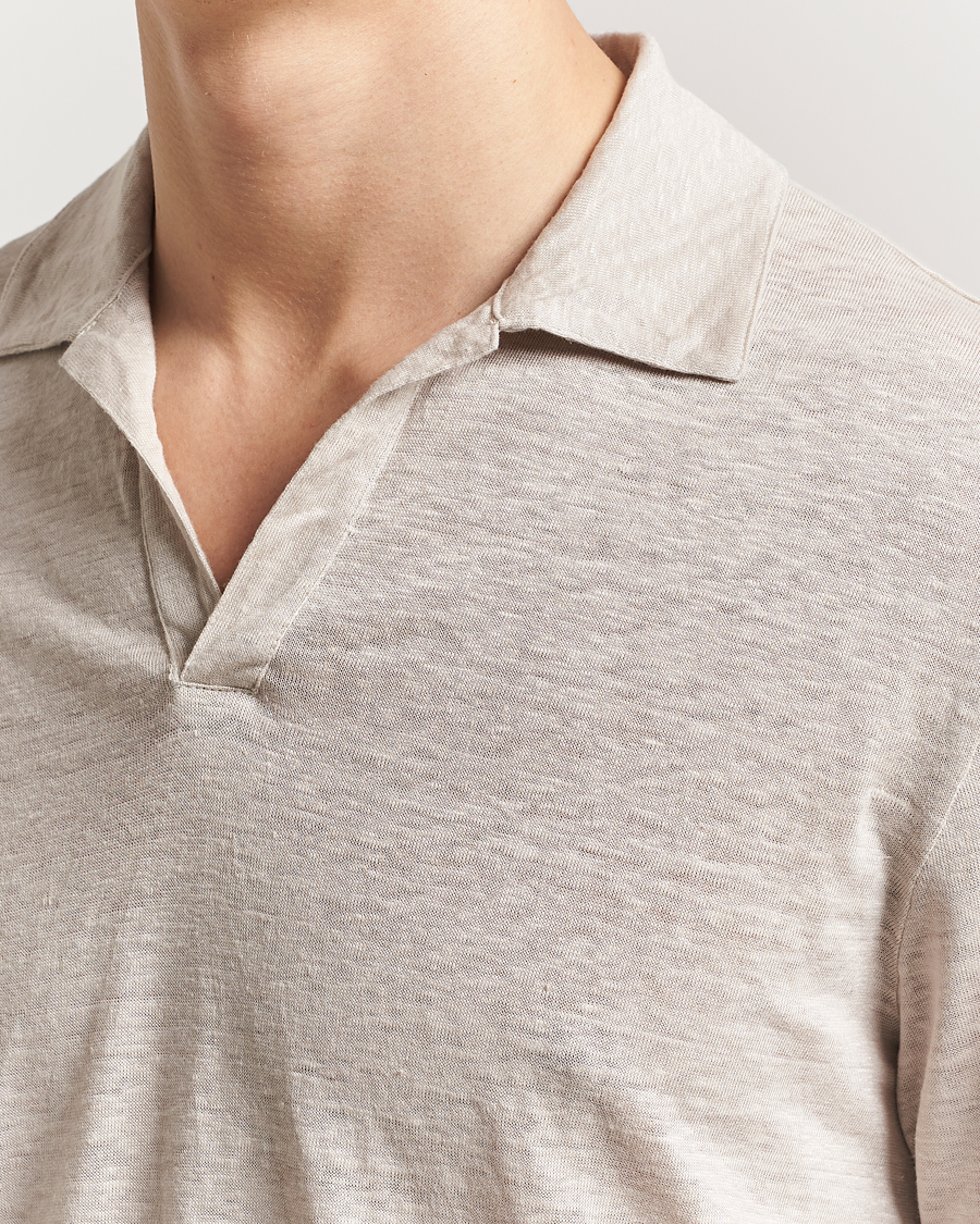 Hombres | Polos | Gran Sasso | Washed Linen Long Sleeve Polo Beige Melange