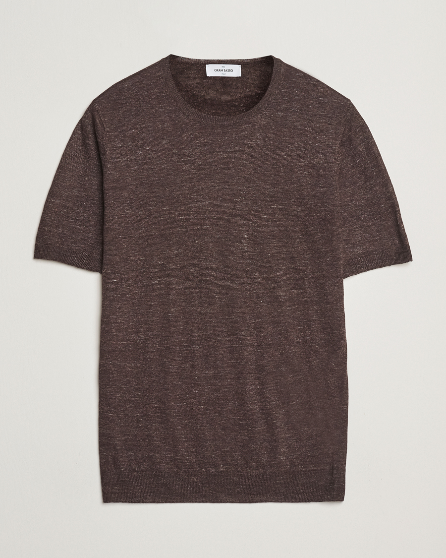 Hombres | Camisetas | Gran Sasso | Knitted Linen T-Shirt Dark Brown Melange