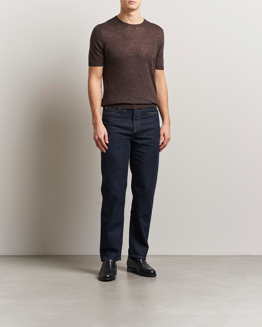 Hombres | Camisetas | Gran Sasso | Knitted Linen T-Shirt Dark Brown Melange