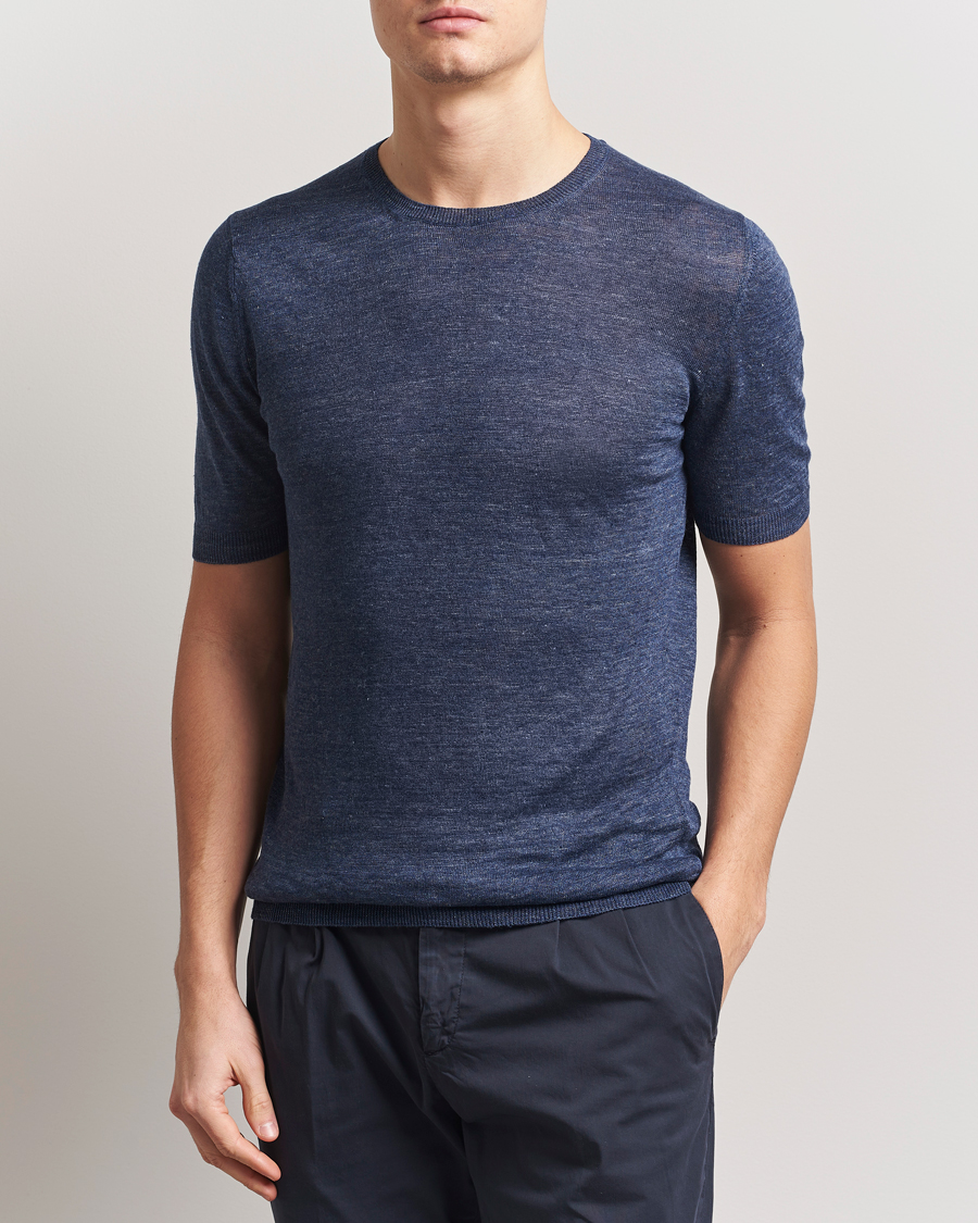 Hombres | Camisetas | Gran Sasso | Knitted Linen T-Shirt Navy Melange