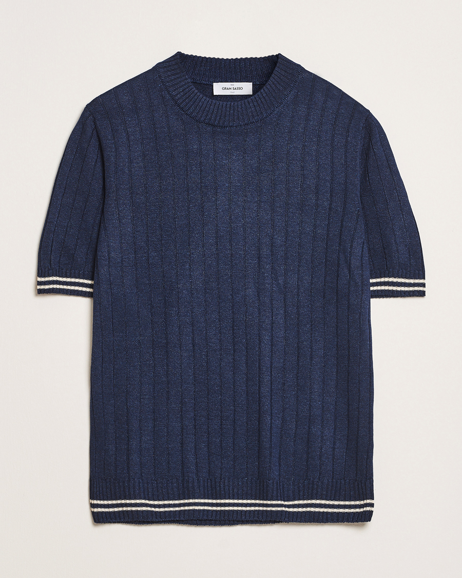 Hombres | Camisetas | Gran Sasso | Linen/Cotton Structured T-Shirt Navy