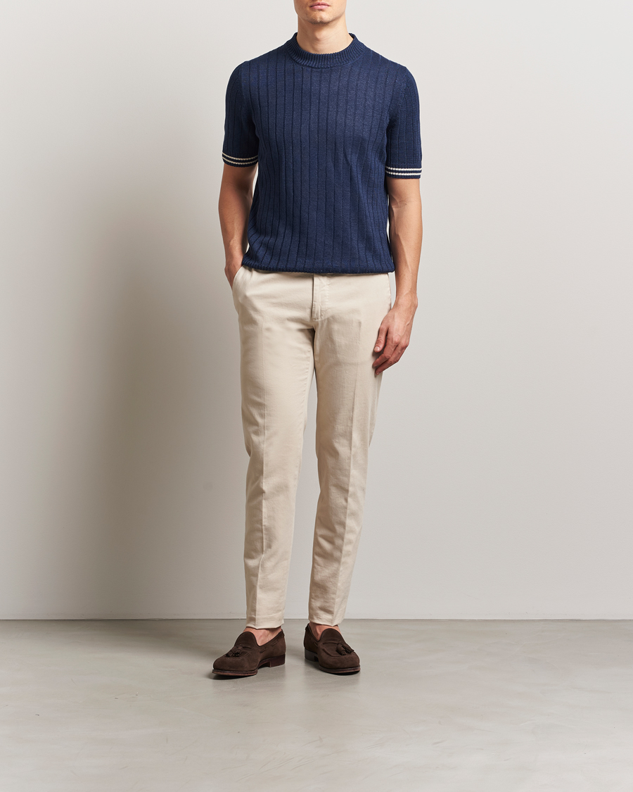 Hombres | Camisetas | Gran Sasso | Linen/Cotton Structured T-Shirt Navy