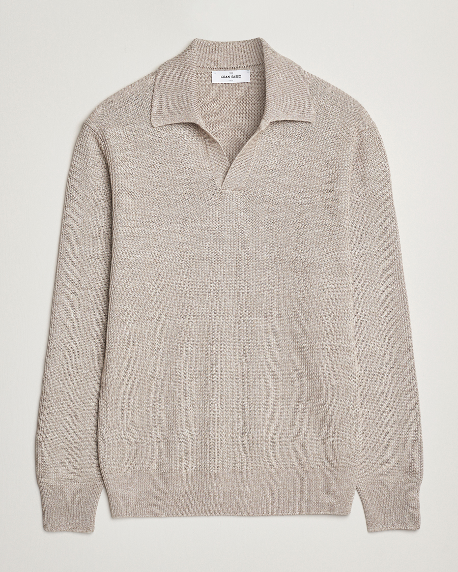 Hombres | Jerséis y prendas de punto | Gran Sasso | Linen/Cotton Open Collar Knitted Polo Beige Melange