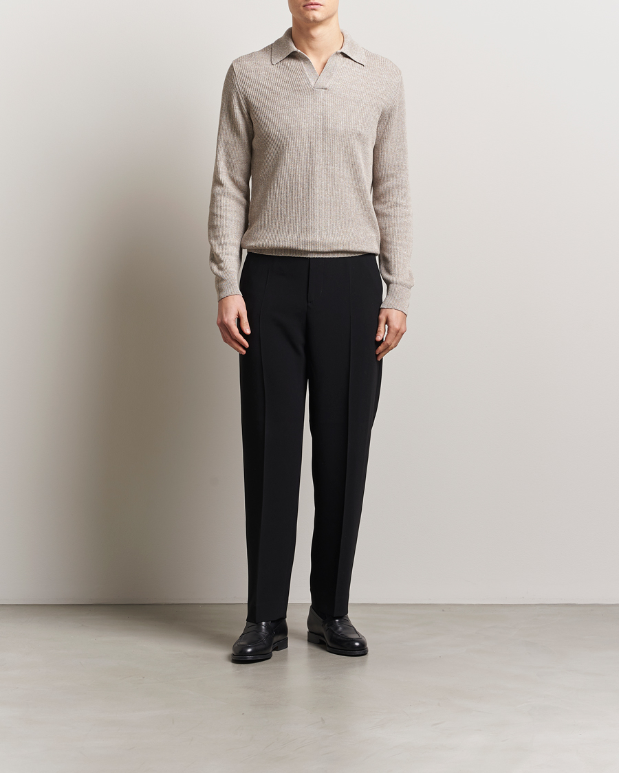 Hombres | Jerséis y prendas de punto | Gran Sasso | Linen/Cotton Open Collar Knitted Polo Beige Melange