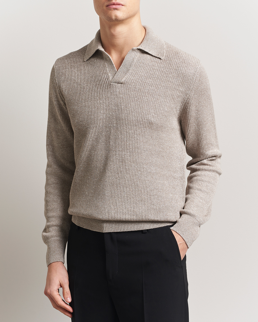 Hombres | Jerséis y prendas de punto | Gran Sasso | Linen/Cotton Open Collar Knitted Polo Beige Melange