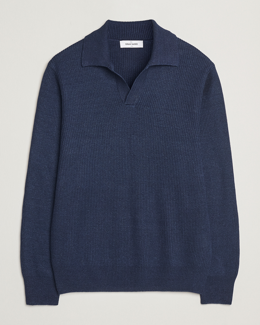 Hombres | Jerséis y prendas de punto | Gran Sasso | Linen/Cotton Open Collar Knitted Polo Navy Melange