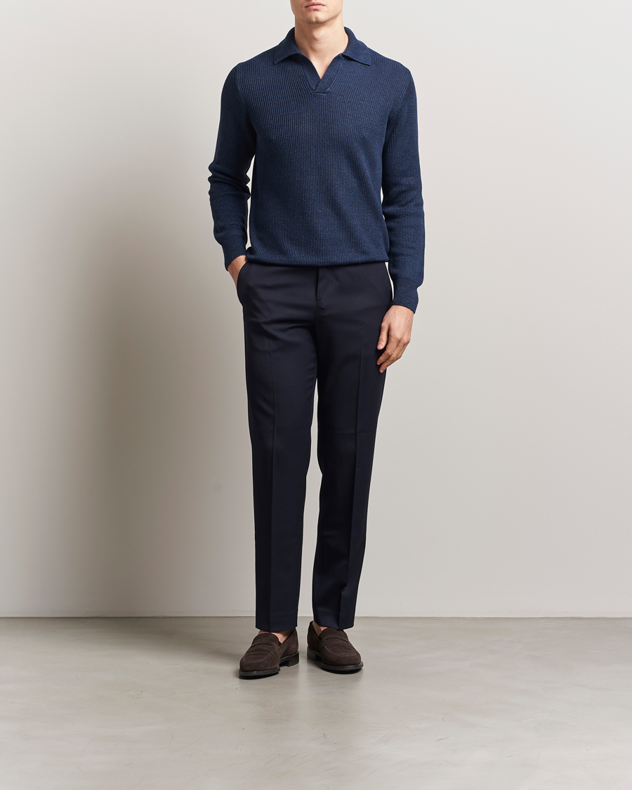 Hombres | Jerséis y prendas de punto | Gran Sasso | Linen/Cotton Open Collar Knitted Polo Navy Melange