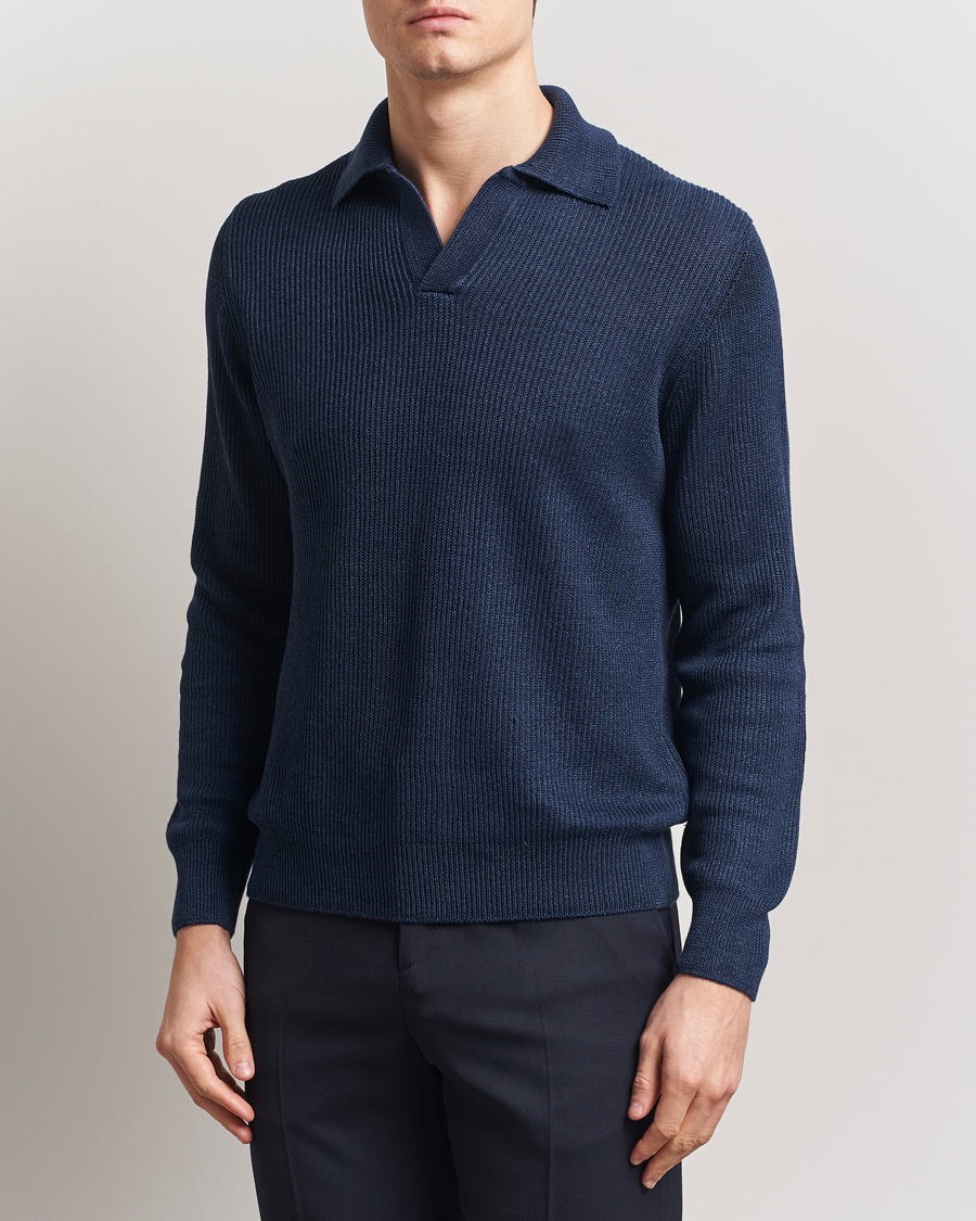 Hombres | Jerséis y prendas de punto | Gran Sasso | Linen/Cotton Open Collar Knitted Polo Navy Melange