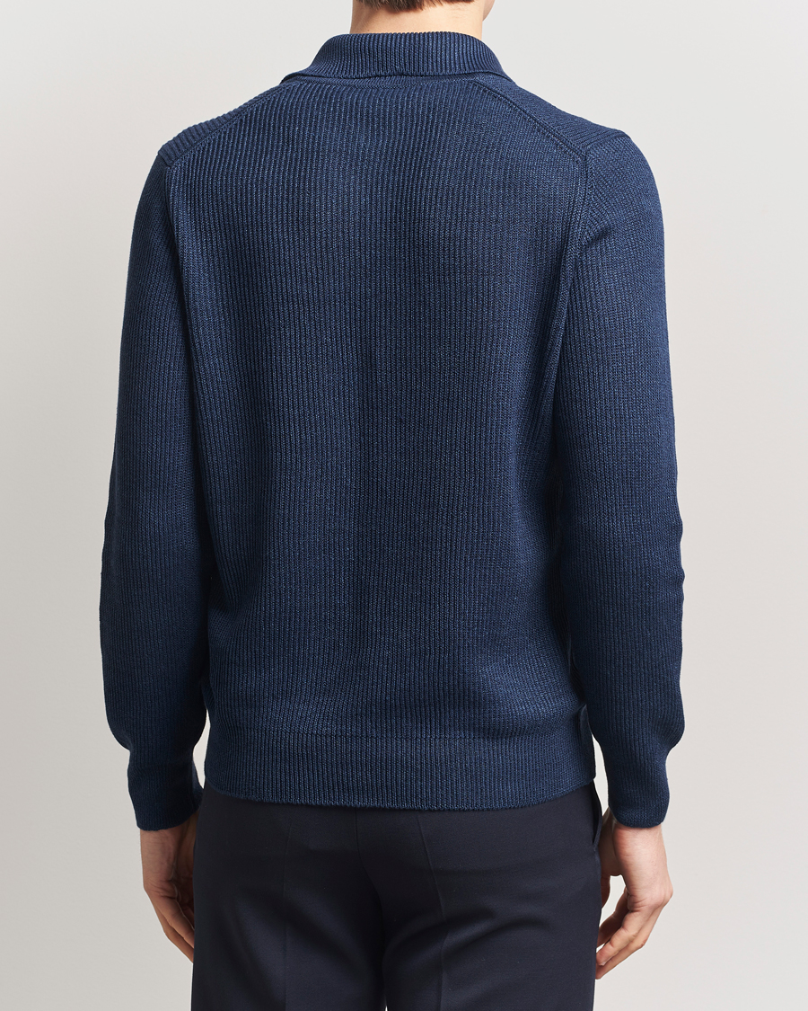 Hombres | Jerséis y prendas de punto | Gran Sasso | Linen/Cotton Open Collar Knitted Polo Navy Melange