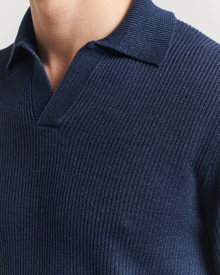 Hombres | Jerséis y prendas de punto | Gran Sasso | Linen/Cotton Open Collar Knitted Polo Navy Melange
